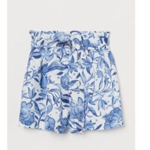 Blue/White Floral Linen Paperbag Shorts